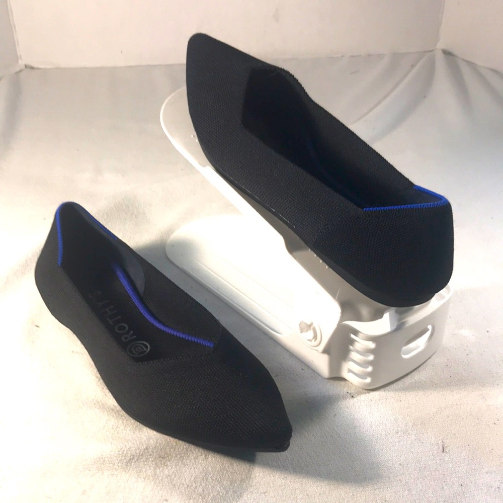 Rothys Womens’ The Point Comfy Slip On Black Knit Flats with Blue Trim